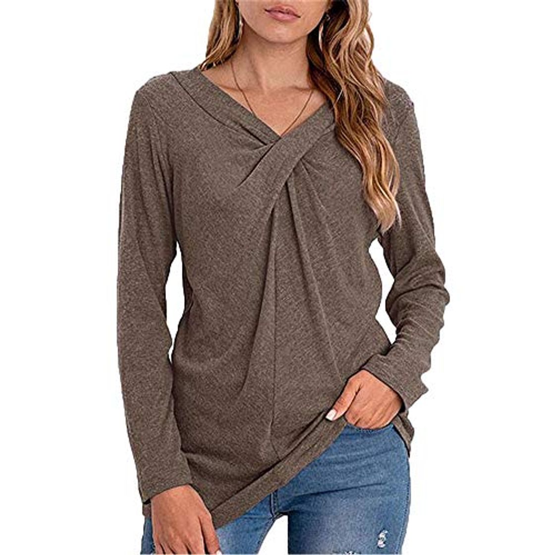 Moda Mujeres Casual Cuello en V Nudo Cruzado pulóver Color sólido Suelta cómoda