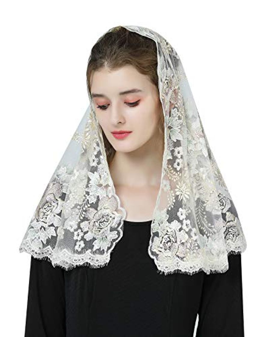 Moda BEAUTELICATE Mantilla De Encaje Española Mujer Capilla Velo Pañuelo de Lglesia Católica Bordado Chal Bufanda Oro Champán V116