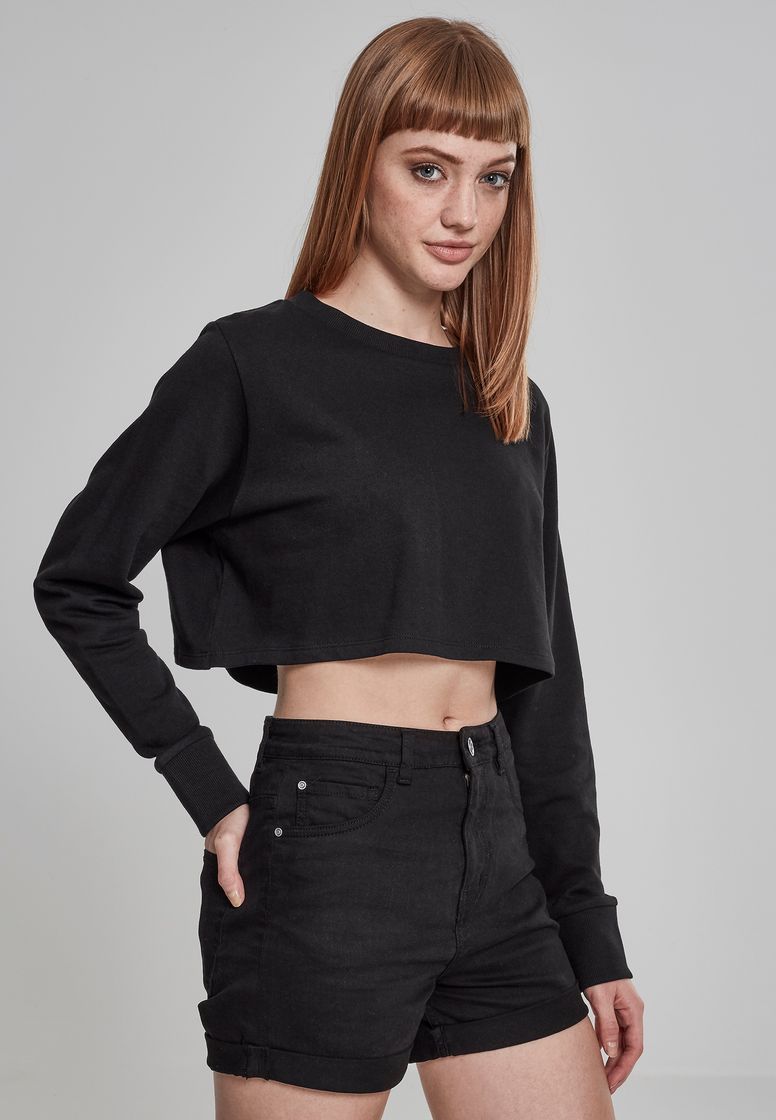 Fashion Urban Classics Ladies Terry Cropped Crew Suter Pulver, Negro