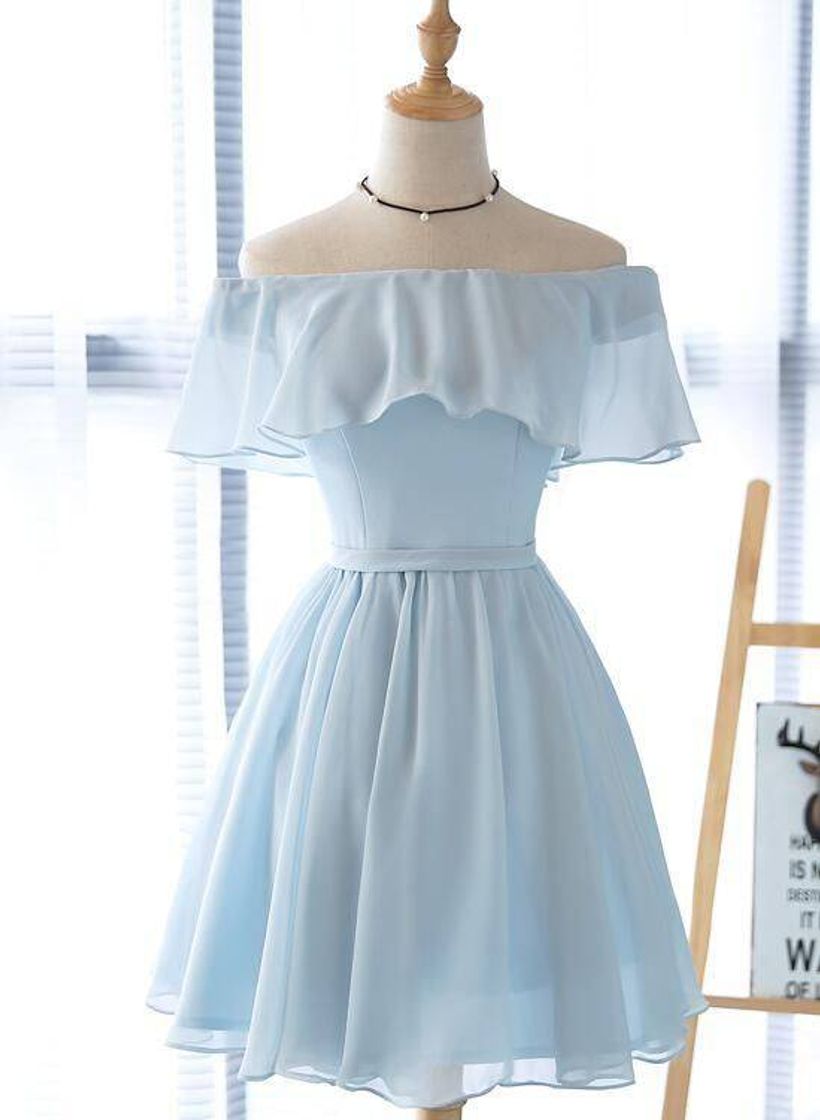 Fashion Simples light Blue off Shoulder Formal Dress Shot Party 👗