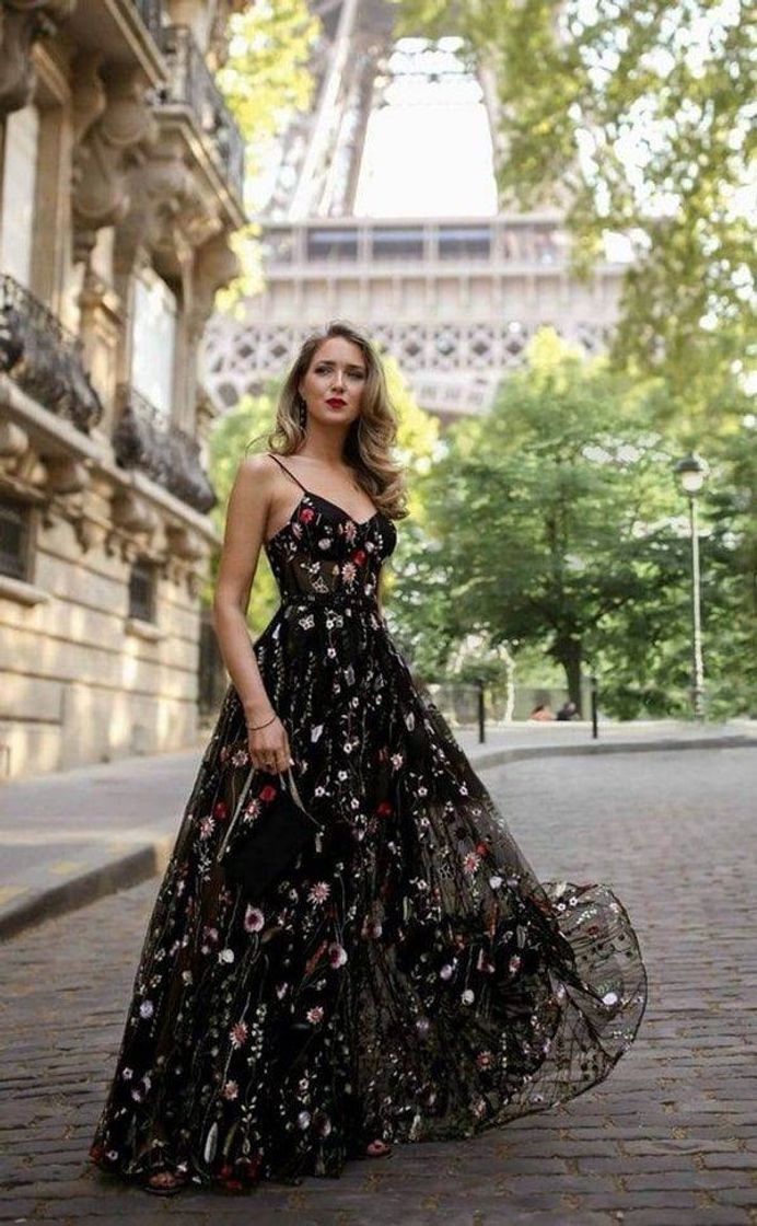 Fashion Vestido preto com flores 