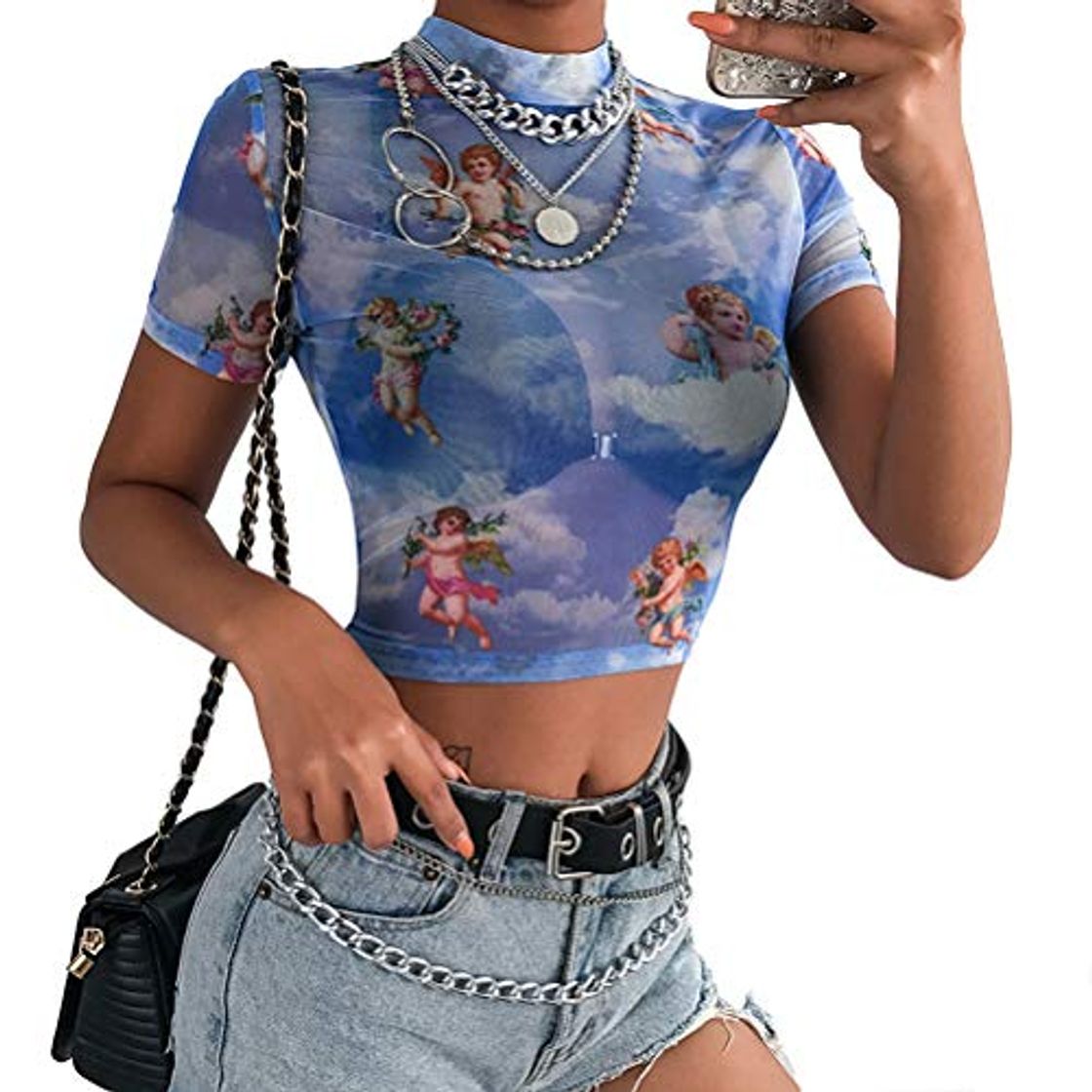 Social Mujeres Manga Corta Falso Cuello Ángel Imprimir Sexy Sheer Mesh Crop Tops de Verano