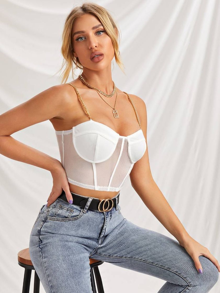 Fashion Top Branco Transparente com Alça de Corrente 