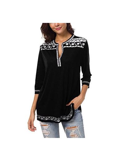 Urban GoCo Mujer Camisas Manga 3/4 Boho Blusa Bordado T-Shirt Tops