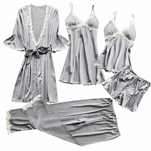 Lugar Conjunto Pijamas Mujer Verano Batas de Seda 5 Piezas Sets Camisola de