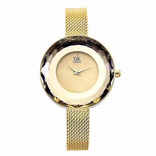 SHENGKE Señoras de la Moda Reloj Prism Fac Oro Malla de Acero