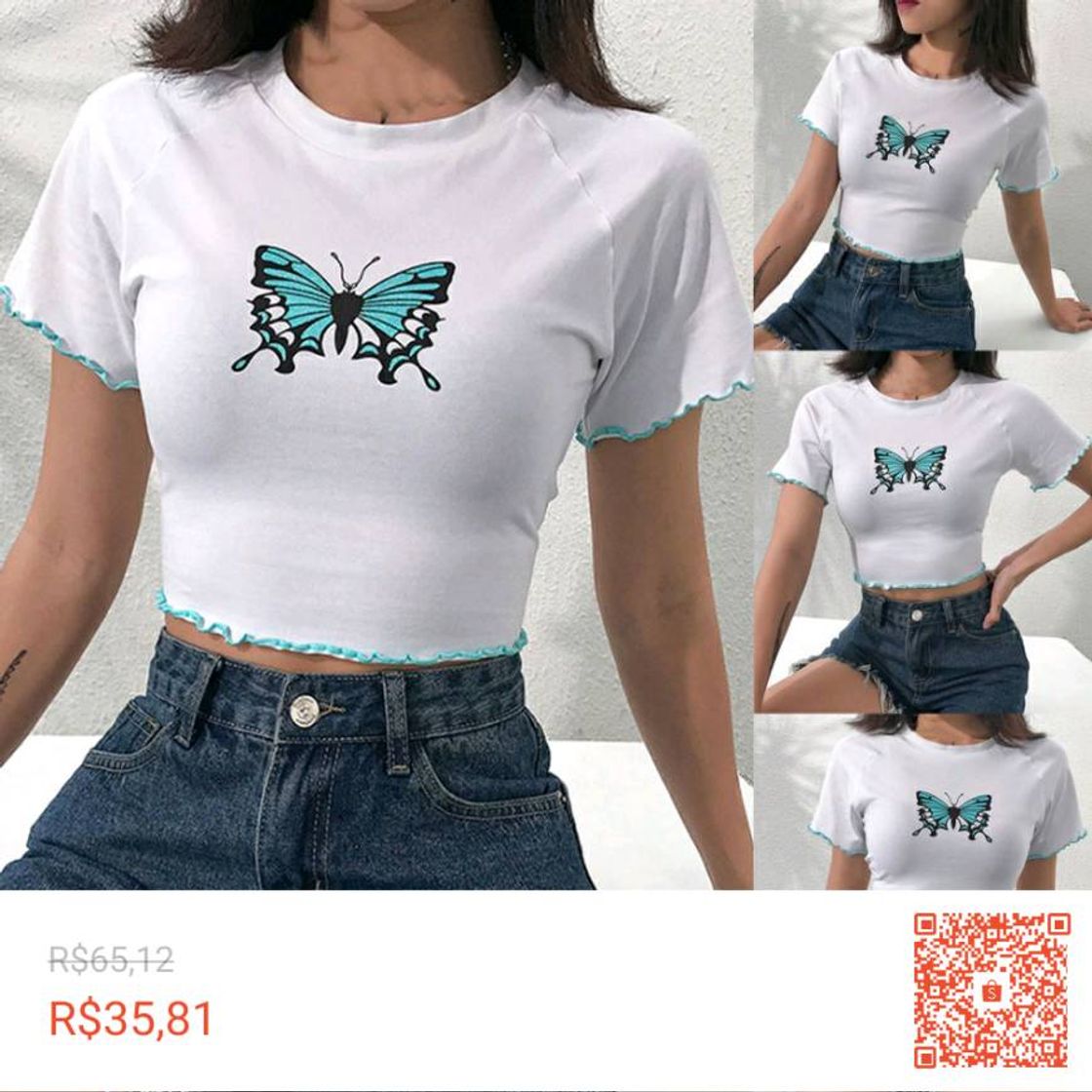 Fashion Camiseta com babados feminino/estampa borboleta