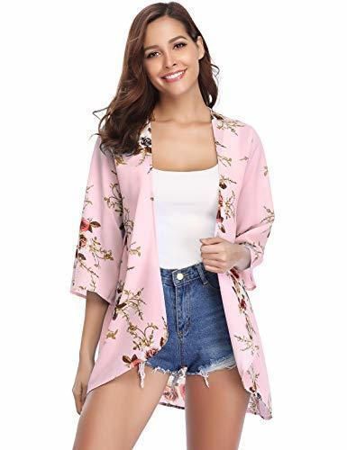 Product Aibrou Women's Floral Kimono Cardigans，3/4 Sleeve Tops Loose Floral Blouse Casual Boho