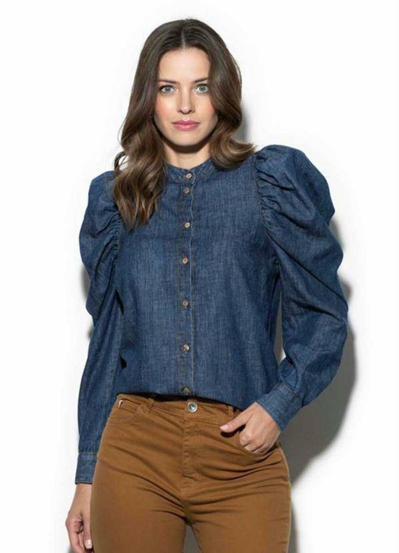 Social Camisa jeans feminina mangas bufantes