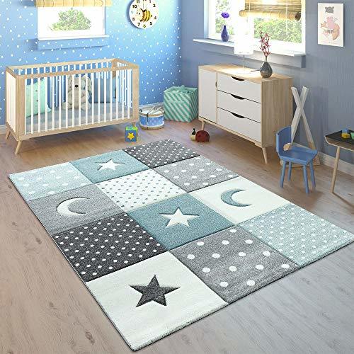 Product Paco Home Alfombra Infantil Pastel Cuadros Puntos Corazones Estrellas Blanco Gris Azul,