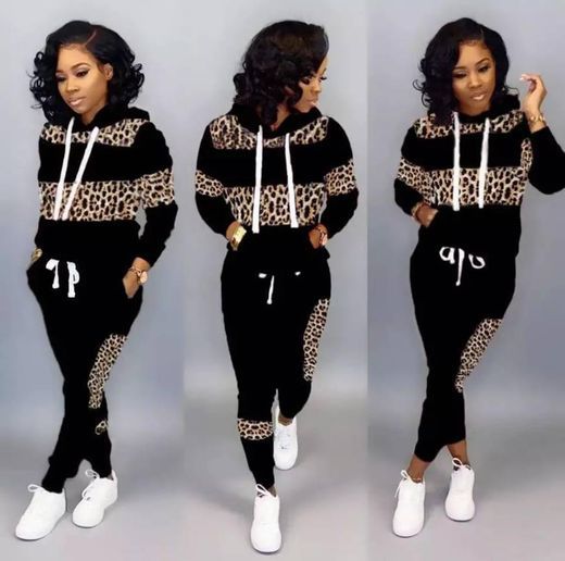 Social 2 peça conjunto feminino agasalho moda leopardo pathwork hoo