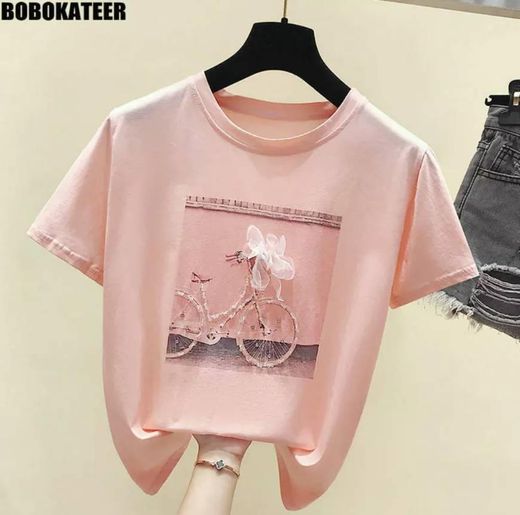 Bobokateer moda camiseta feminina verão topos kawaii rosa ca