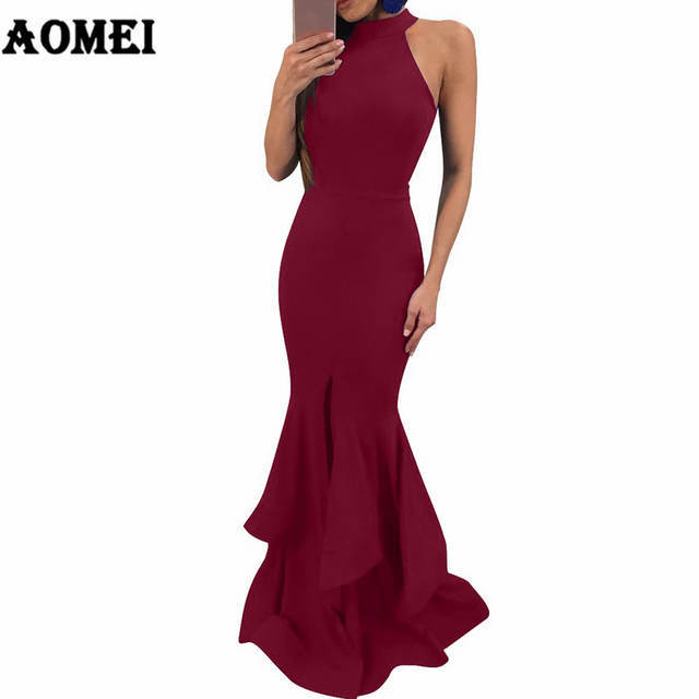 Producto Women Formal Slash Neck Ruffle Half Sleeve Split Long Dress Evening Gowns