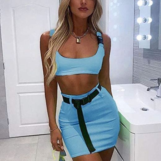 Kunfang Mujeres Conjuntos de Dos Piezas Hebilla de Neón Verde Camisetas Sin Mangas Sexy Cintura Alta Faldas Elásticas Bodycon Casual Crop tee Top Conjunto de Traje