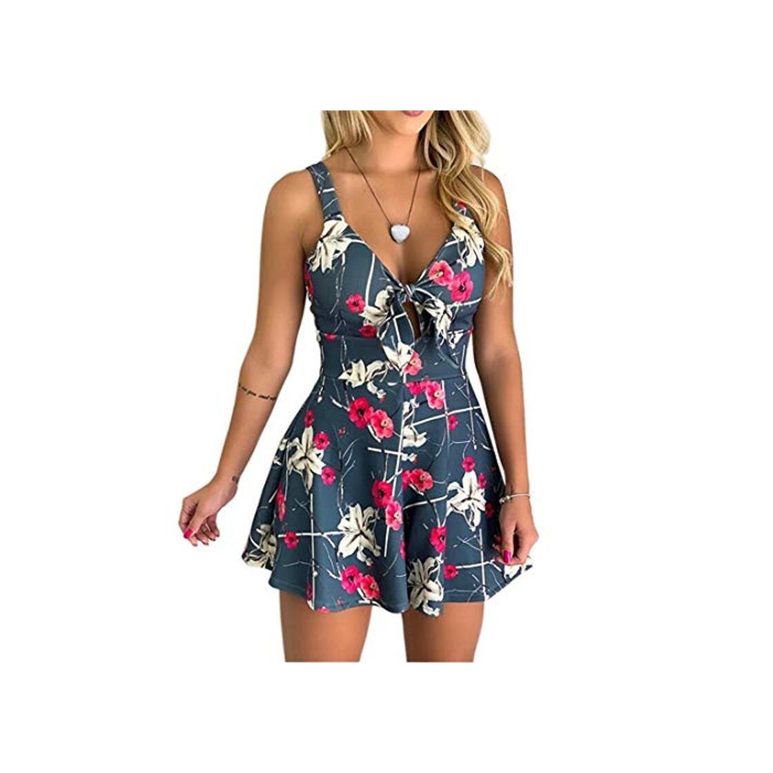 Producto Fliegend Monos Mujer Cortos Estampados de Flores Vestido Jumpsuit Pantalone Corto de Verano Playa Strap Cuello V Mono Overall S