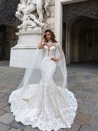 Tulle Trailing Mermaid Wedding Dress with Shawl Cloak, Sexy ...