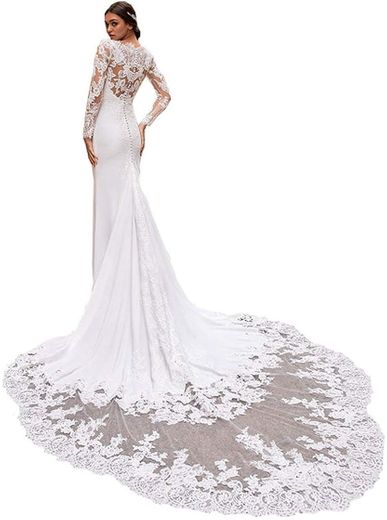iluckin Sexy V Neck Long Sleeves Lace Women Bridal Ball Gown ...