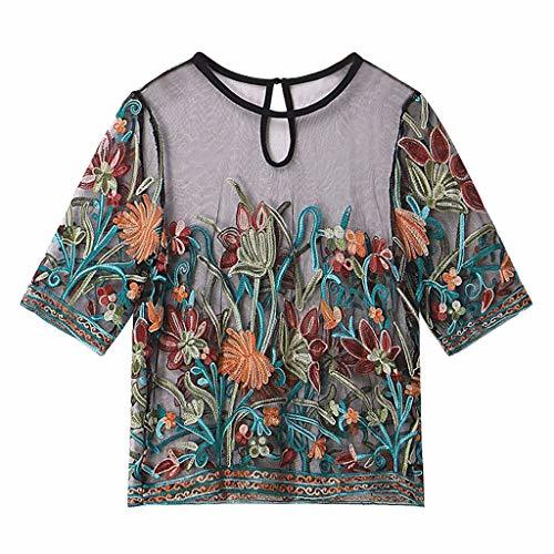 Products Luckycat Mujeres Hueco Bordado Transparente Cuello Redondo Manga Corta Camiseta Top Blusa