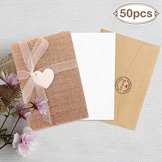 Aparty4u 50 tarjetas de invitaciones rústicas de arpillera con sobres vintage con