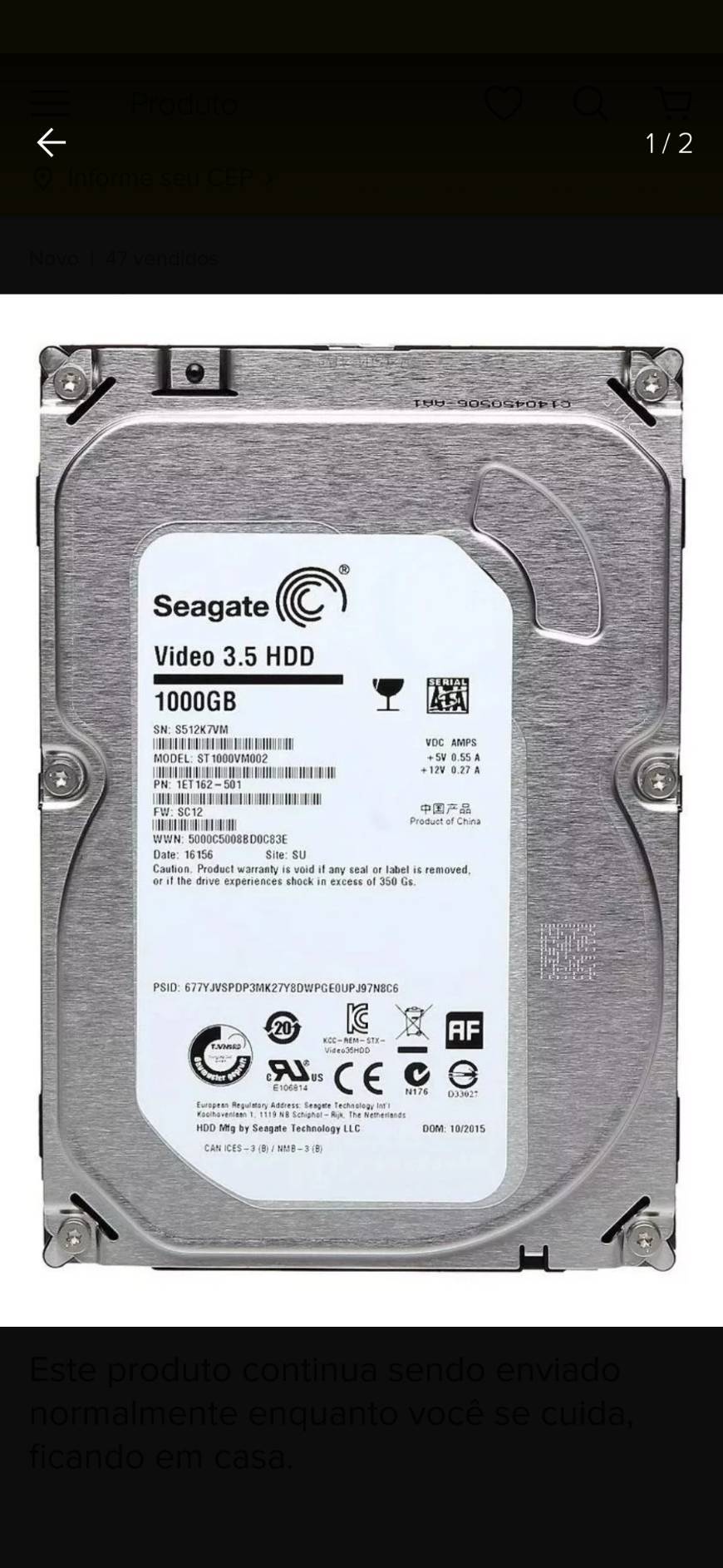 Moda Disco rígido interno Seagate Video 3.5 HDD ST1000VM002 1TB