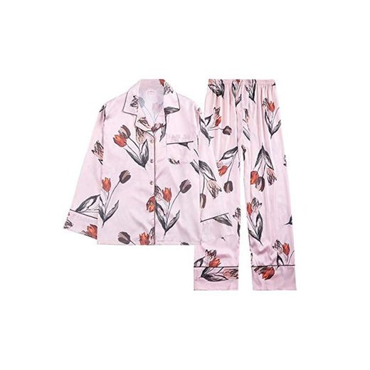 LXFDSY Pijama de Seda Pijama Mujer Estampado de Flores Primavera Verano Mujeres