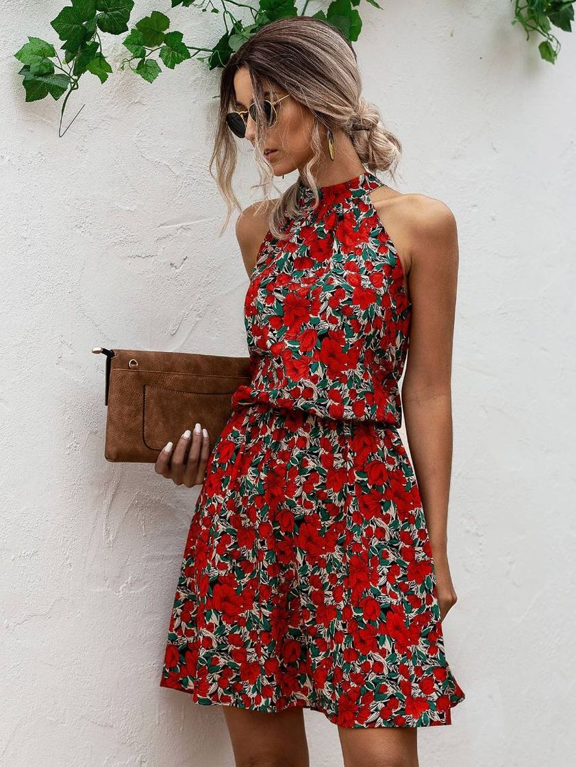 Moda Vestido línea A halter con estampado floral