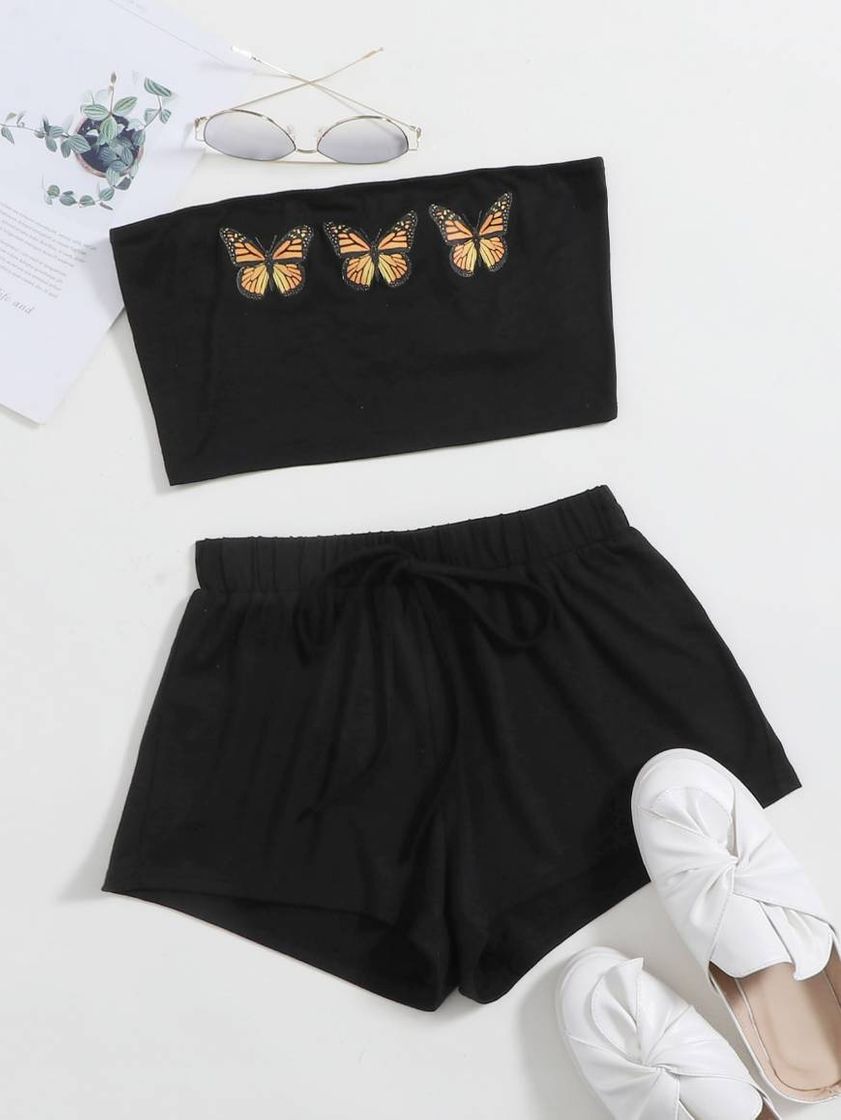 Fashion Conjunto toptubo con estampado de mariposa con shorts track 