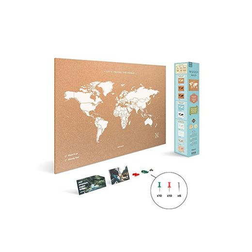 Miss Wood Map XL - Mapa del mundo de corcho, 60 x 90 cm, Blanco