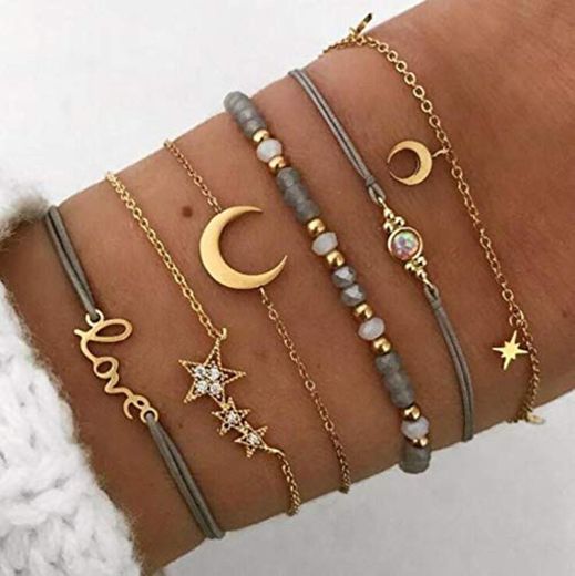 Edary Juego de pulseras de estrella y luna de cristal dorado, personalizadas,