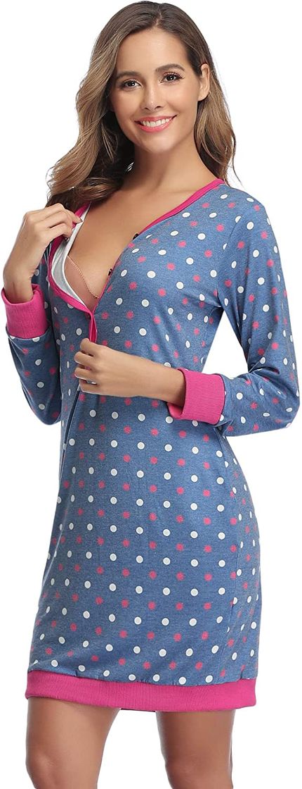 Fashion Hawiton Camisón Lactancia Manga Larga Pijama Embarazada Algodón Ropa para Dormir Premamá Hospital Otoño Invierno