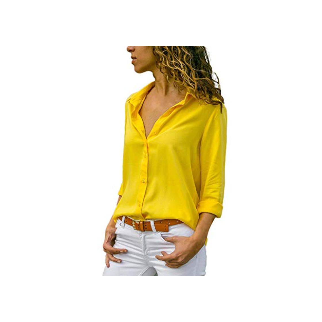 Products Camisetas Manga Corta Mujer Tallas Grandes Camiseta Cuello V Amarillo XXL