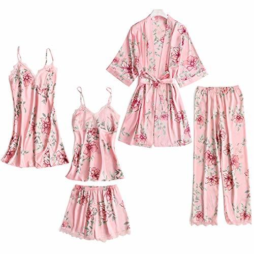 Social Lachi 2/5PCS Kimono Mujer Pijama Saten Conjunto de Bata Camisón Floral para