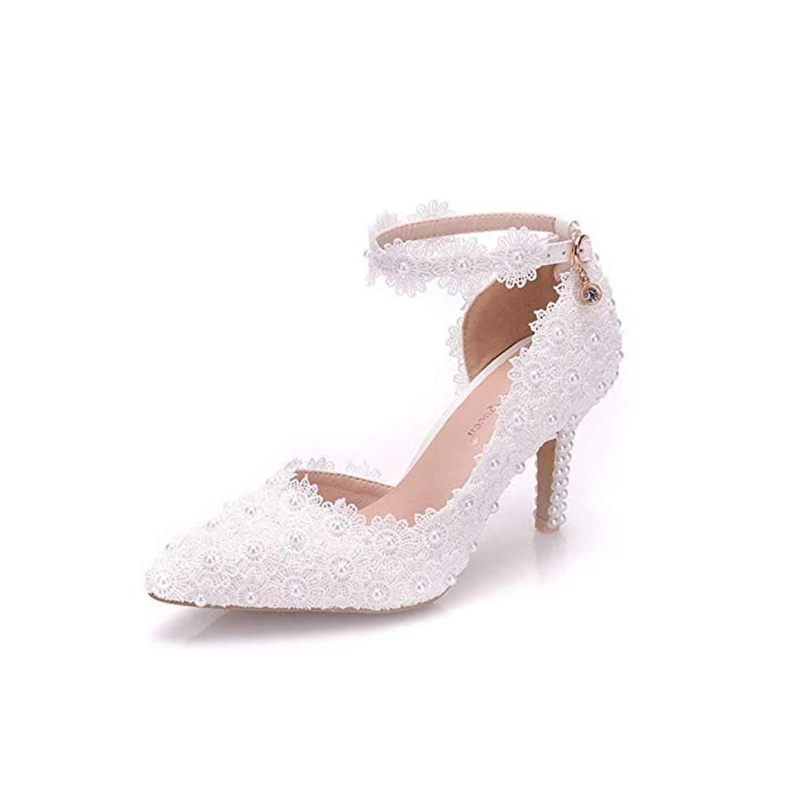 Producto White Lace Flower Wedding Shoes Slip On Pointed Toe Bridal Shoes High Heel Women Pumps Shallow Pointed Toe 8Cm White 35