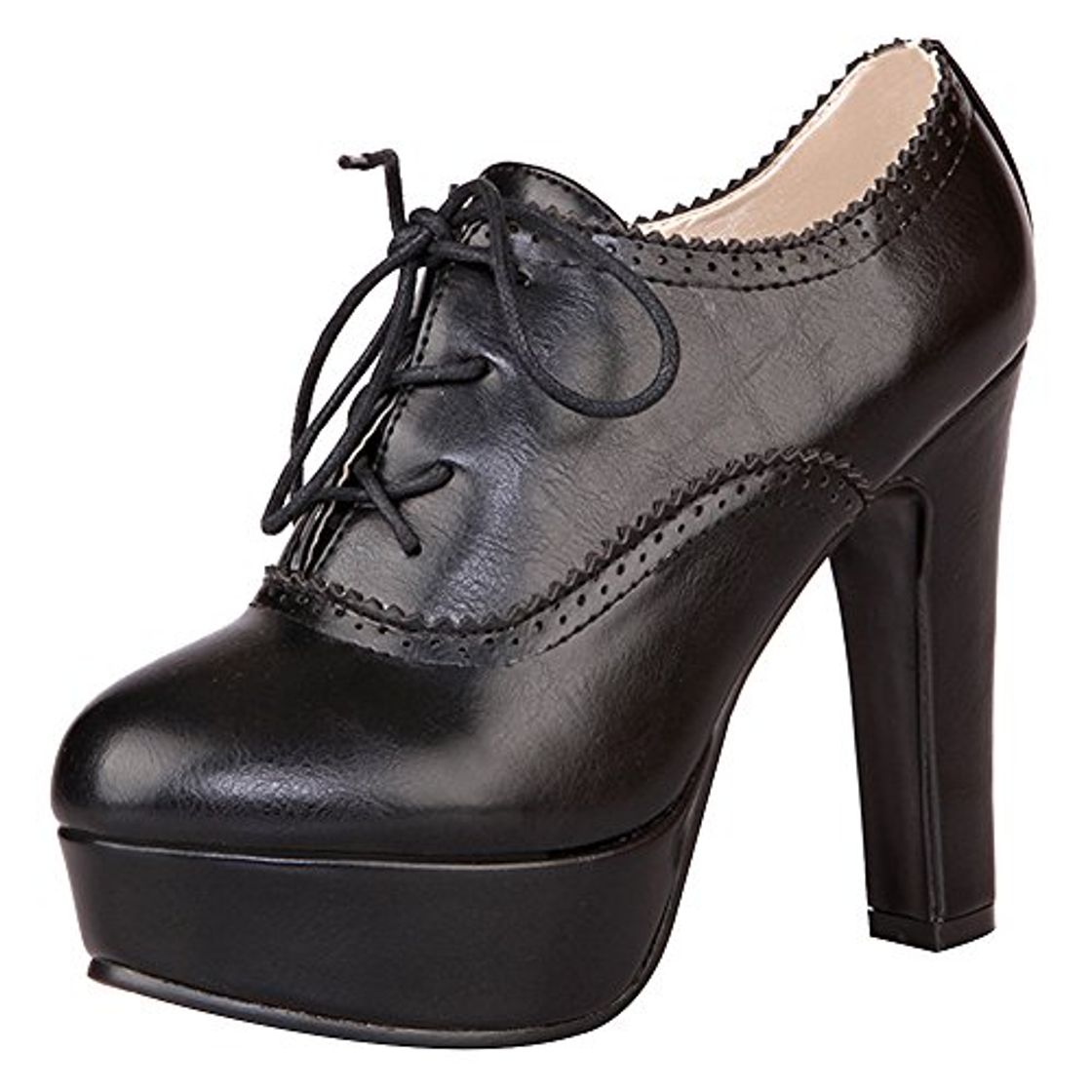 Social Jamron Mujer Vendimia Plataforma Alta Tacón de Bloque Zapatos de la Corte Elegante Brogue Oxfords Negro SN02833 EU35
