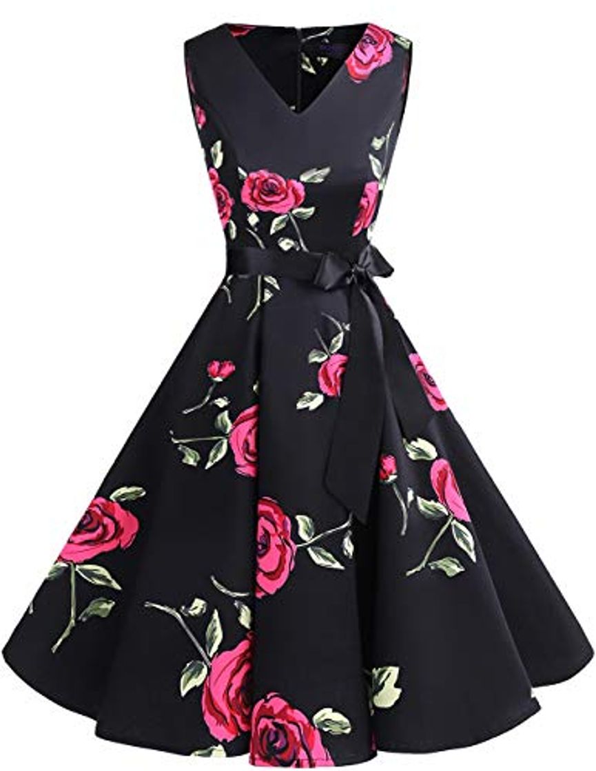 Product Bridesmay Vestido de Cóctel Fiesta Mujer Verano Años 50 Vintage Rockabilly Sin Mangas Pin Up Black Red Flower L