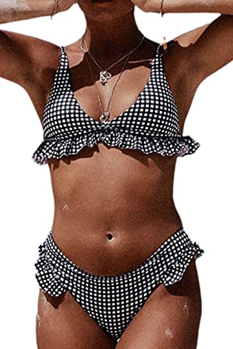 Moda Conjunto de Bikini de Impresión a Cuadros con Volantes para Mujer Traje de Baño de Playa Acolchado Traje de Baño de Bikini de 2 Piezas