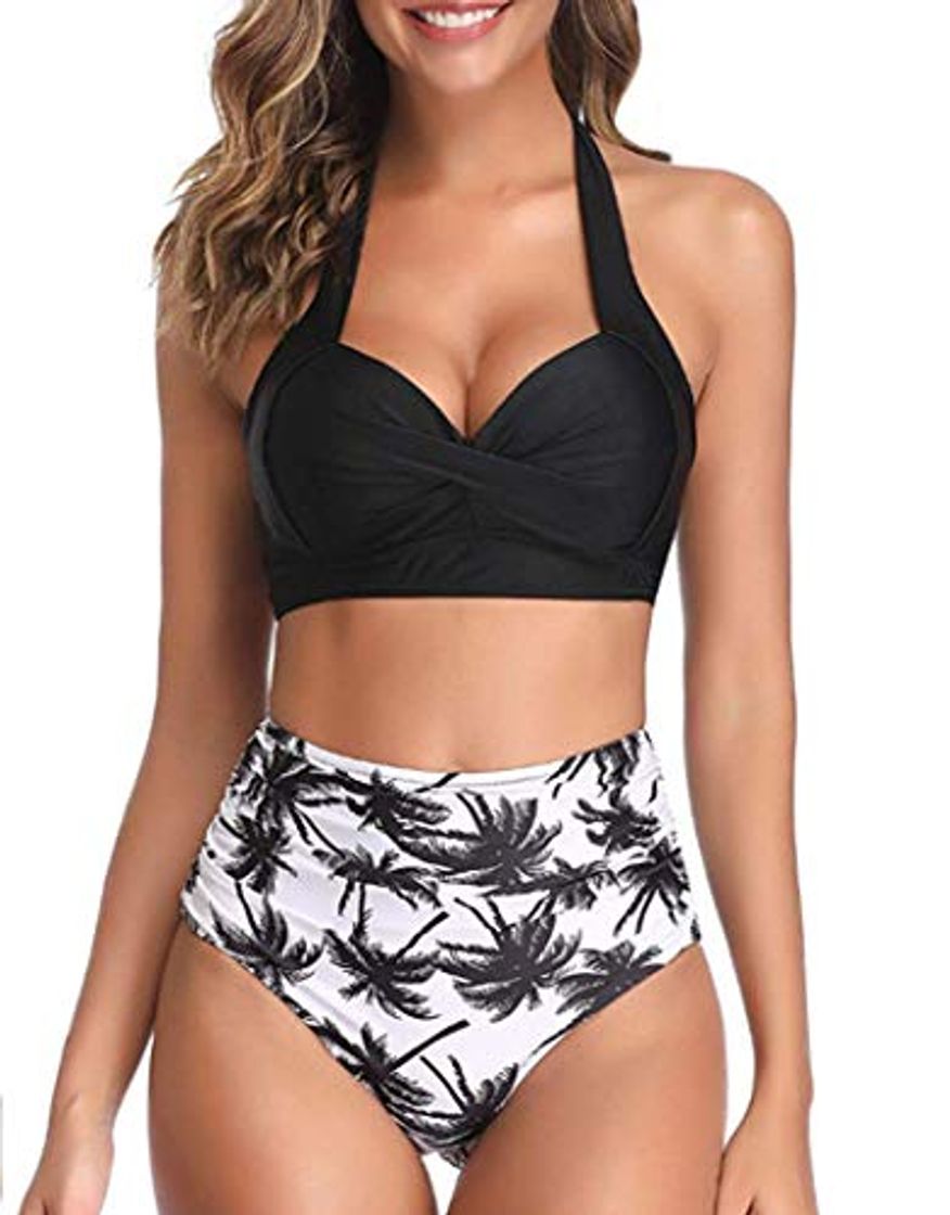 Moda UMIPUBO Conjuntos de Bikini para Mujer Cintura Alta Push Up Traje de baño de Dos Piezas Cuello Halter Tirantes con Retro Ropa de Playa