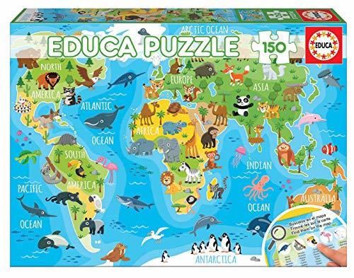 Educa Borrás- Mapamundi Animales Puzzle, Multicolor