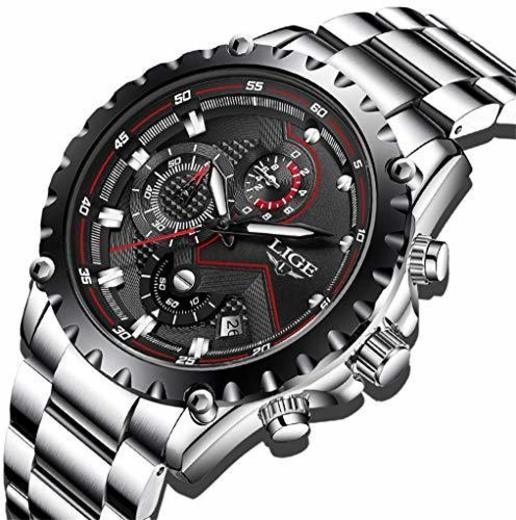 LIGE Relojes para Hombre Negro Acero Inoxidable Moda Reloj Deportes Impermeable Gran