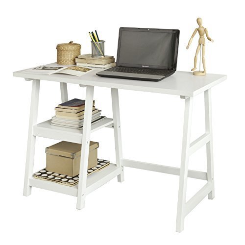 Social SoBuy® Mesa de Escritorio, Mesa de Ordenador con 2 estantes, Color Blanco,