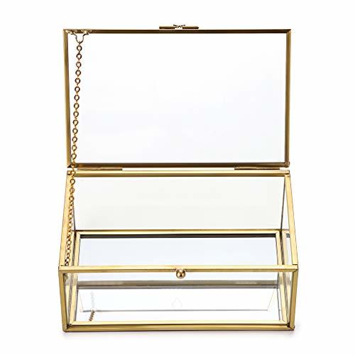 Product Sumnacon Joyero rectangular con tapa de cristal, diseño vintage dorado, organizador para