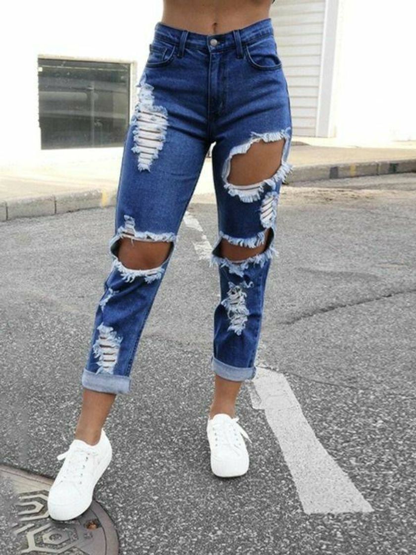 Fashion Calça  jeans rasgada 