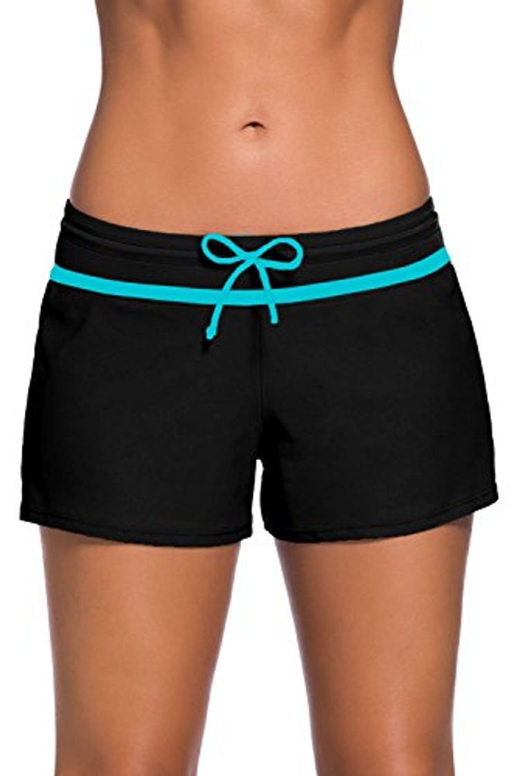 Moda Yavero Shorts de Baño Mujer Bañador Short Deportes Acuáticos Shorts de Natación Secado Rápido Bermudas de Baño Mujer Cortos con Cordón Ajustables Azul Negro S