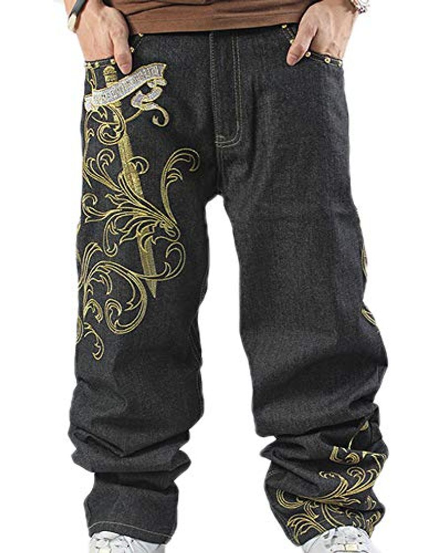 Moda Hip Hop Baggy Jeans para Hombre Pantalones Bordados Sueltos Pantalones Vaqueros de Mezclilla Danza Pantalones Rectos