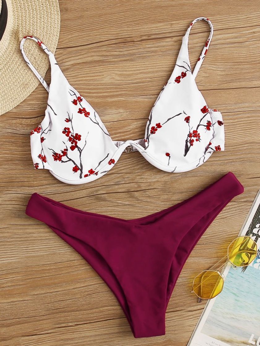 Product Bikini cortado alto y top de aro con estampado floral