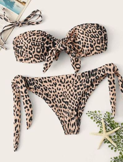 Bikini bandeau con lazo de leopardo
