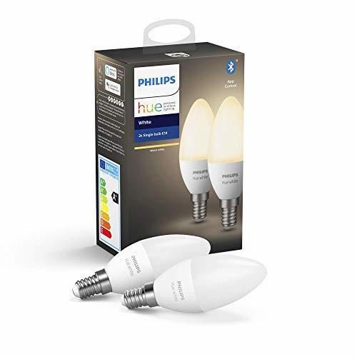 Philips Hue White Pack 2 bombillas LED inteligentes E14, luz blanca cálida,