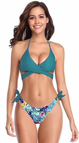 Product SHEKINI Mujeres Front Cross Bandage Bikini Floral impresión Inferior Traje de baño