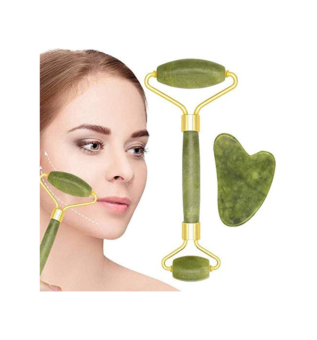 Productos RW Rodillo de Jade Verde Piedra de Masaje Gua Sha 100% Natural Jade Roller Antienvejecimiento Rodillo Facial Desintoxicación Piel Para Cuello Cara Ojos Cabeza Antiarrugas Tratamiento de Belleza