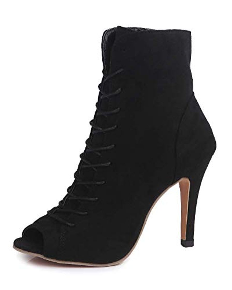 Moda Minetom Mujer Verano Sandalias de Tacón Alto Moda Gamuza Abierto Peep Toe Zapatos De Fiesta Oficina Talla Grande Botas Botines de Encaje hasta Negro EU 40